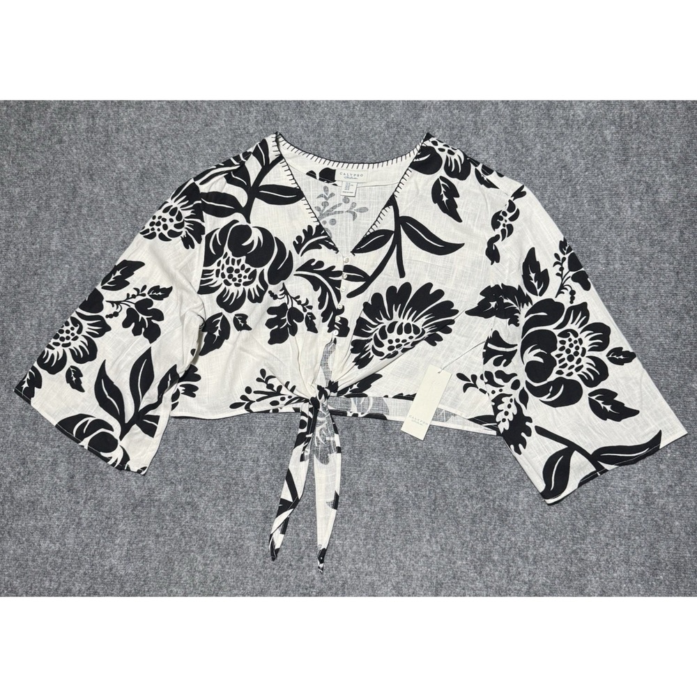 Calypso St Barth Linen Rayon Blouse XL Floral Print Button Front Shirt Ivory NWT